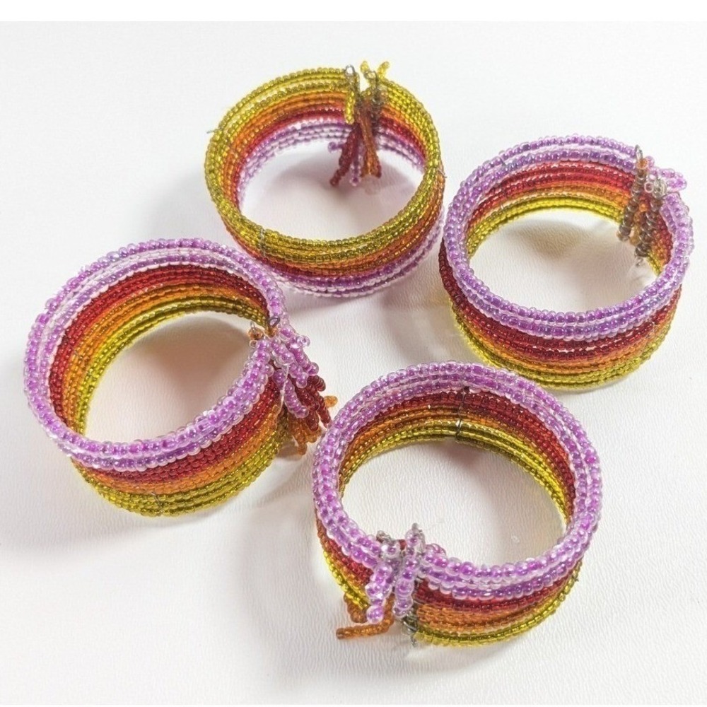 Set of 4 Beaded Memory Wire Napkin Rings Ombre Purple Red Orange Yellow Boho